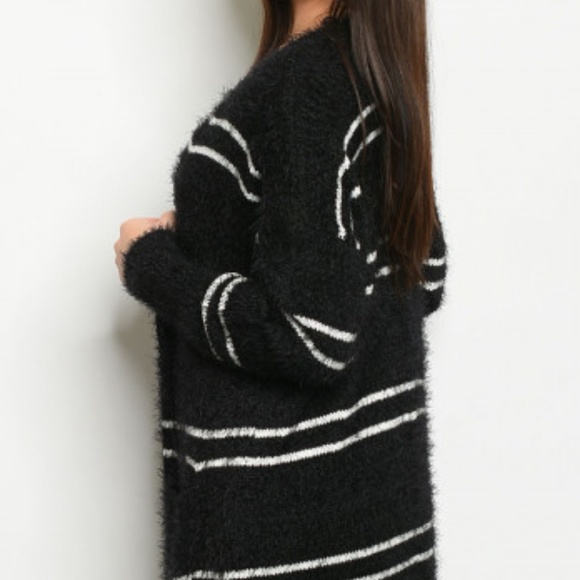 FUZZY BLACK & WHITE STRIPED CARDIGAN - Picture 3 of 5